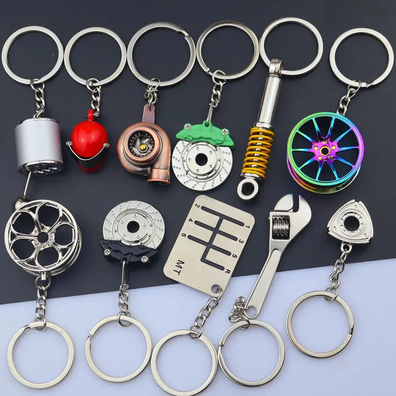 Creative Gift Mini Metal Car Parts Keychain Turbo Gear Hub Keyring Brake Disc Shock Absorber Shifter Pendant Auto Part Key Chain