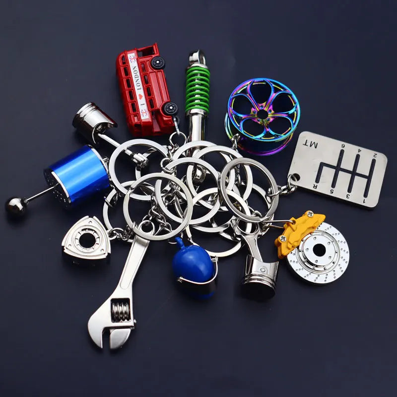 Creative Gift Mini Metal Car Parts Keychain Turbo Gear Hub Keyring Brake Disc Shock Absorber Shifter Pendant Auto Part Key Chain